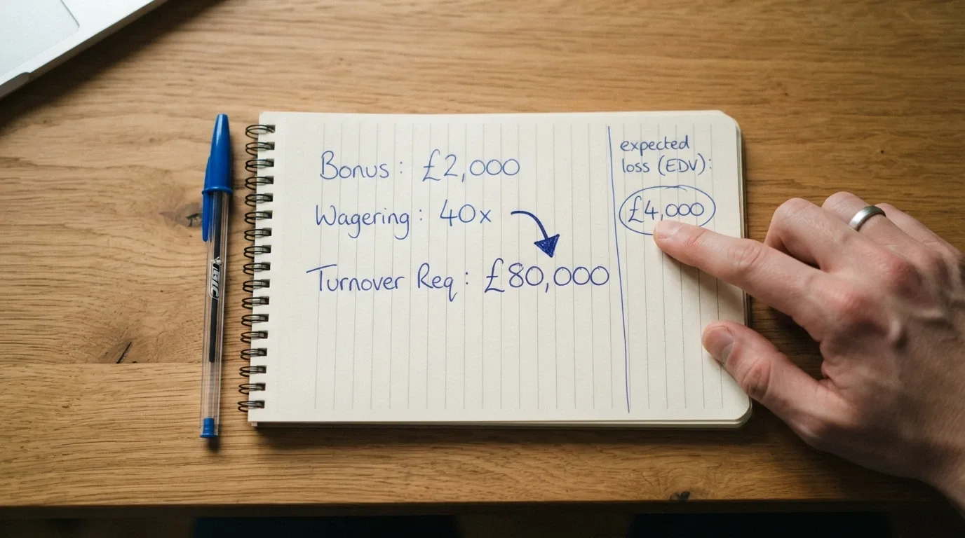 A notepad with a hand-drawn calculation multiplying a bonus figure by a wagering multiple to show the real turnover required