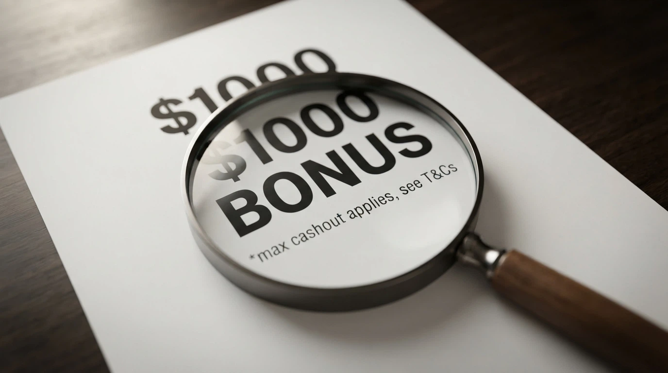 A magnifying glass over a bonus terms block showing a large headline figure and a much smaller “maximum cashout” line beneath it