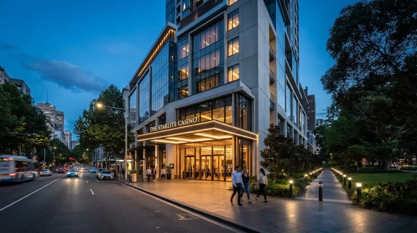 Casino Canberra building exterior at 21 Binara Street, CBD street context visible, entrance signage