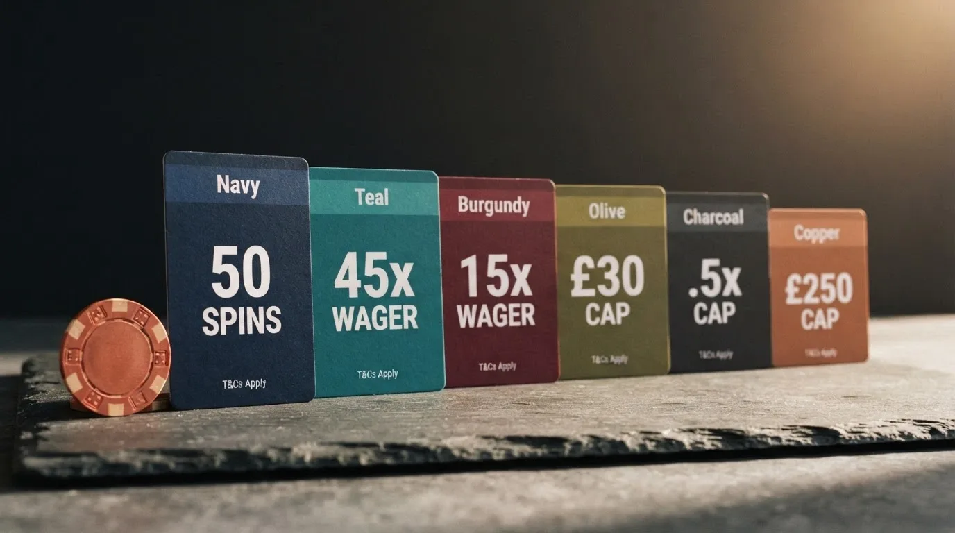 A stylised line-up of casino offer cards each showing a different spin count, wagering figure and cashout cap beside the operator's name