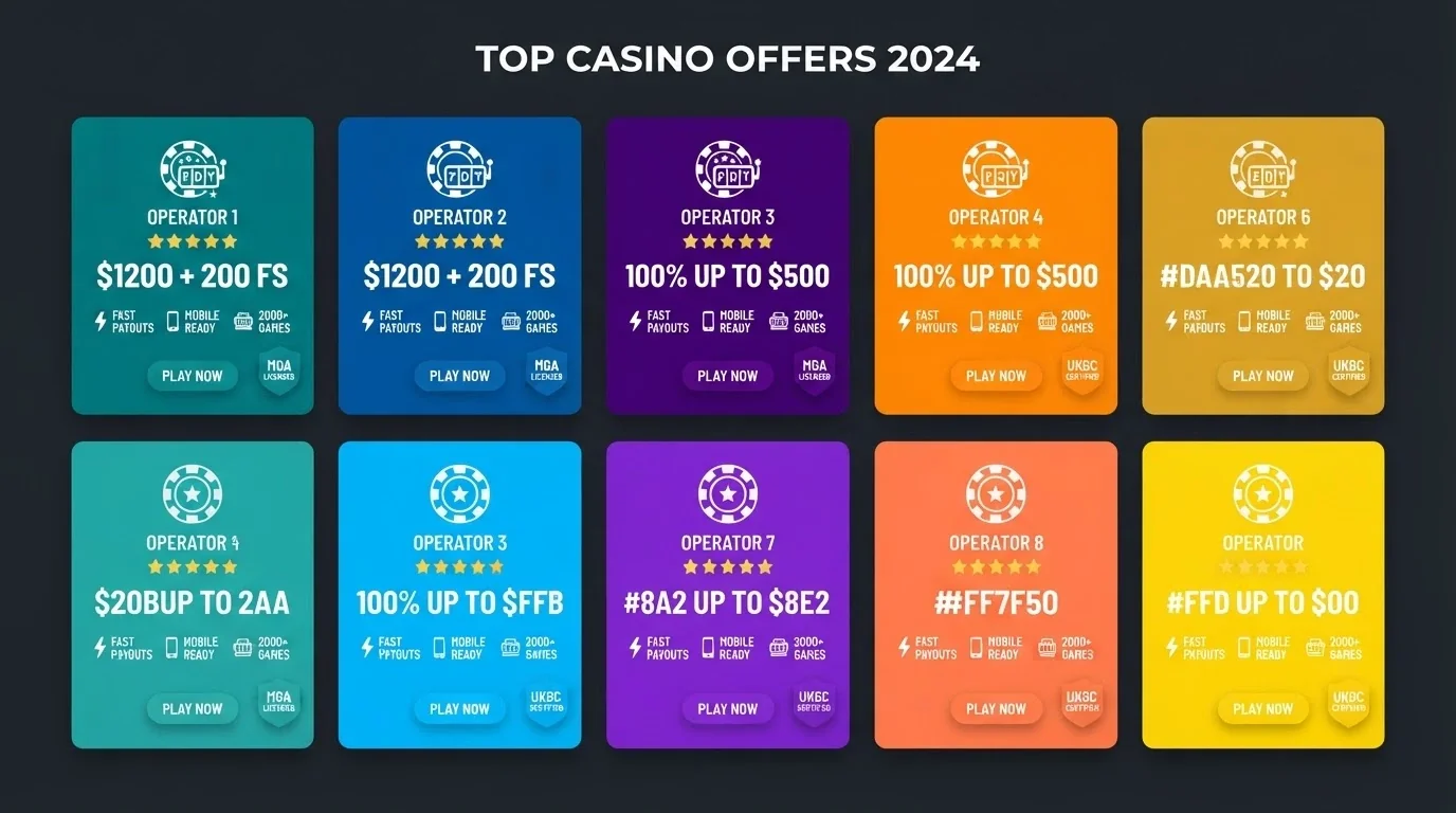 A side-by-side grid of casino brand cards with star ratings, bonus amounts and licence badges laid out on a dark background