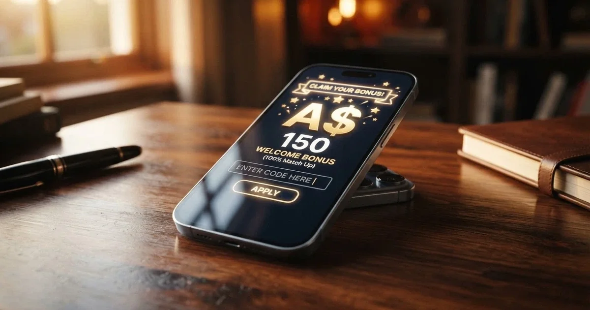 A smartphone screen displaying an online casino promo code entry field with a bonus offer banner and Australian dollar symbols