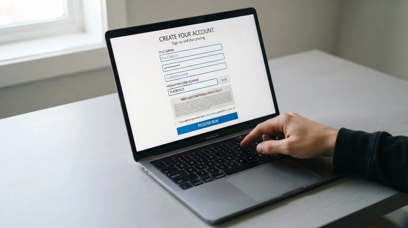 A casino registration form on a laptop screen with a highlighted terms-and-conditions section and a promo-code field visible