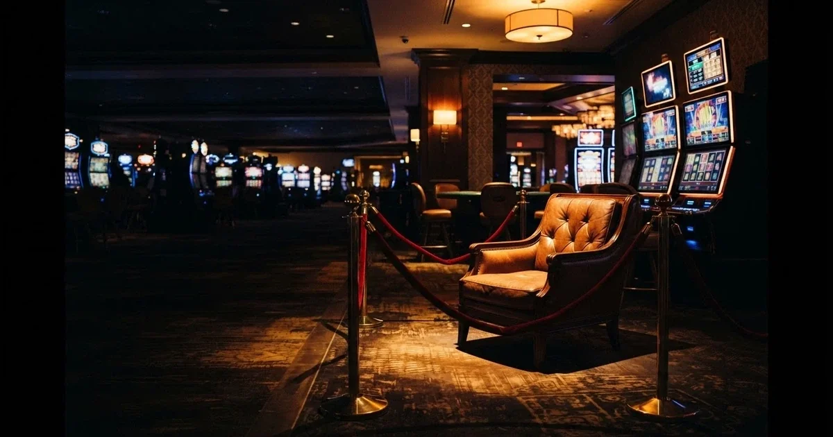 A darkened gaming-floor interior with a roped-off VIP area glowing under warm light, a single empty leather chair facing a bank of screens