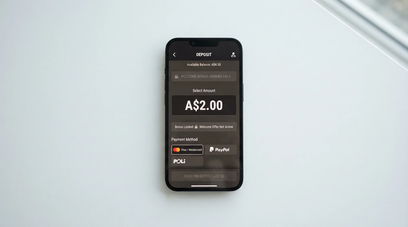 A split-screen visual: on the left, a deposit confirmation for A$2 with a crossed-out bonus banner; on the right, a deposit of A$30 with an active bonus notification showing the match offer