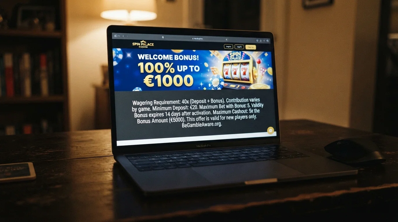 A casino promotion page showing a 100% welcome bonus banner with the wagering requirement, validity period and maximum cashout printed in the fine print below