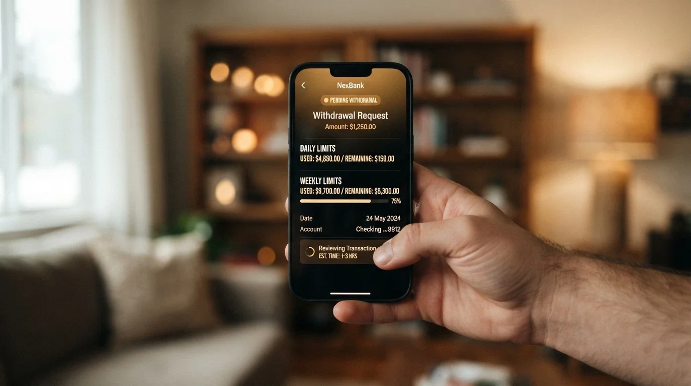 A withdrawal request screen showing pending status with daily and weekly limit indicators