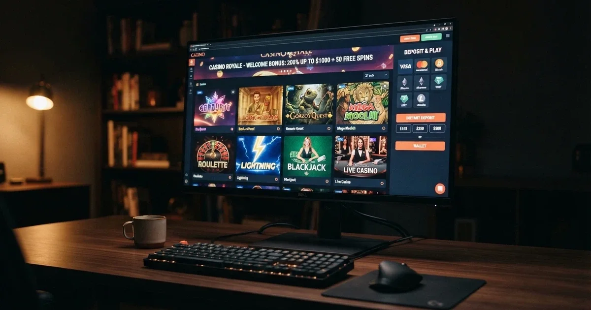 A bitcoin casino lobby screen showing crypto deposit options and game thumbnails on a desktop browser