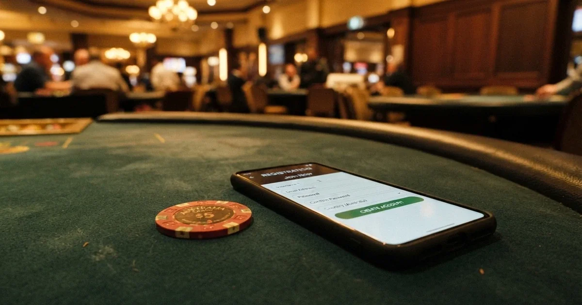 A Bitcoin Cash coin on a casino table beside a smartphone showing a registration screen