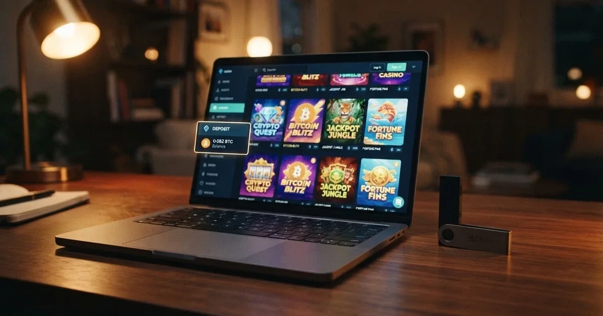 A laptop screen displaying an Ethereum casino game lobby with an ETH deposit option visible in the cashier menu