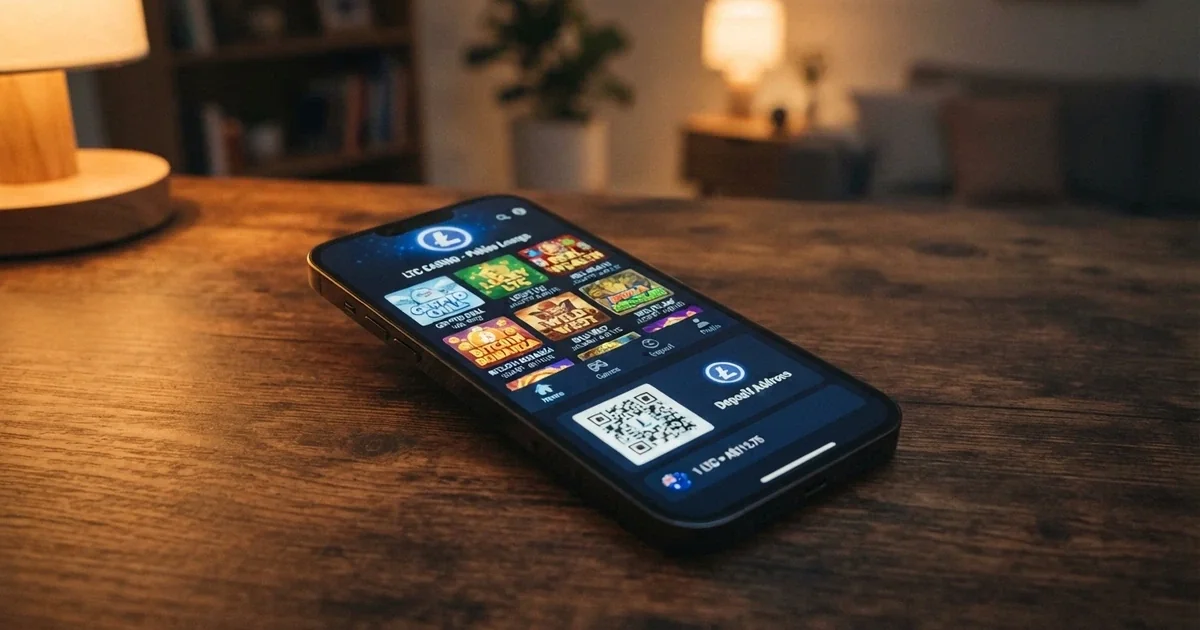 An Australian player's phone screen showing a Litecoin casino lobby with the LTC logo, a pokies thumbnail and a deposit-address QR code.
