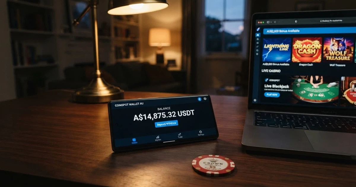 A smartphone screen showing a cryptocurrency wallet with a USDT balance beside an online casino lobby with slot thumbnails and a live dealer table