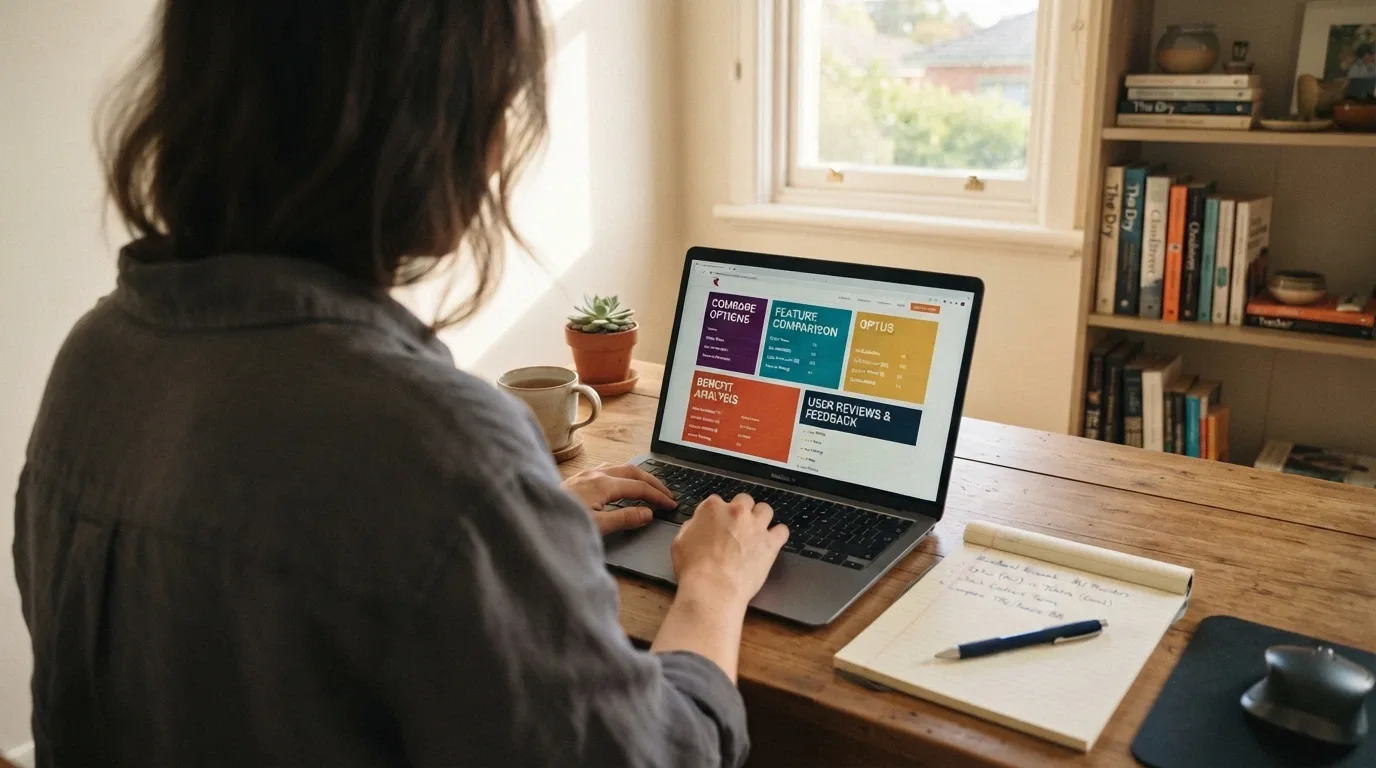 An Australian player sitting at a desk with a laptop and a notepad, weighing options — the scene is calm and deliberative, no casino branding visible
