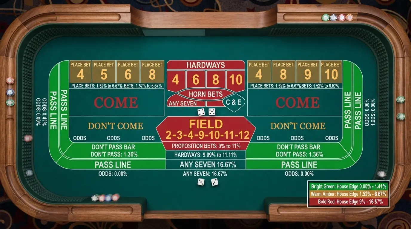 A craps table layout with colour-coded zones — green for the low-edge bets (pass line, don't pass, odds), amber for place bets and red for the proposition bets in the centre