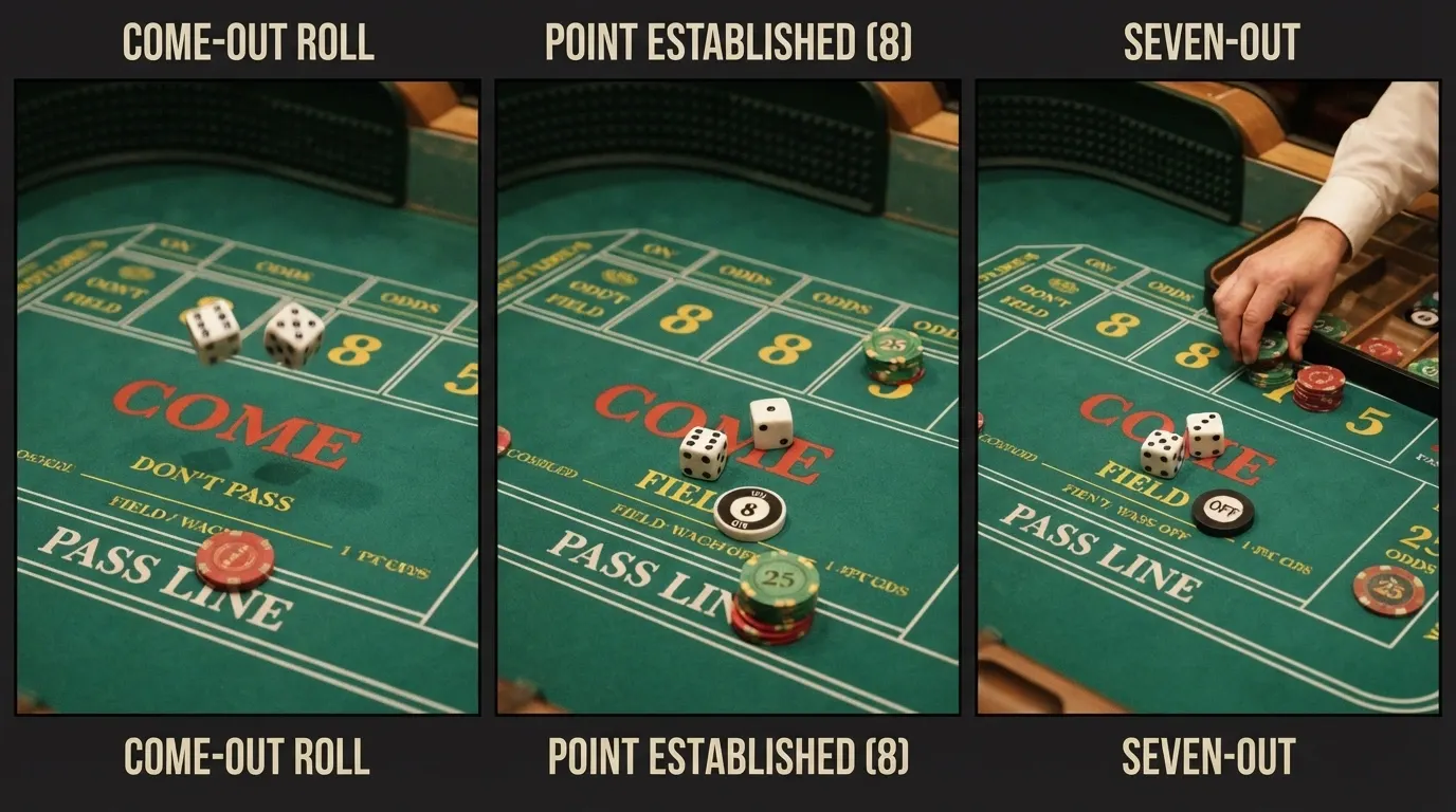 A three-panel sequence showing the come-out roll, a point being established and a winning seven-out, with bet chips moving across the layout