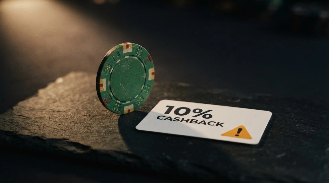 A Bitcoin token beside a casino cashback promotion graphic, with a warning symbol overlay