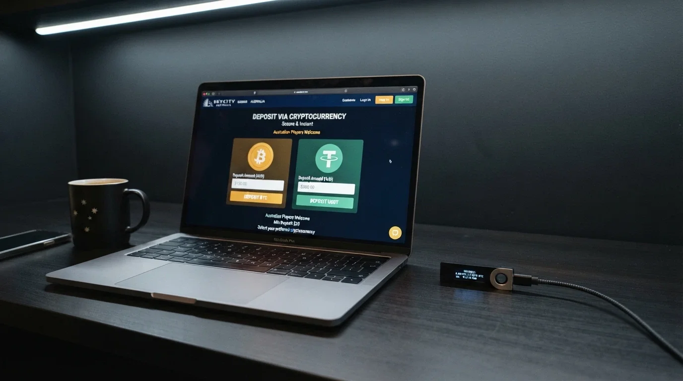 A laptop screen showing a casino cashier with BTC and USDT deposit options, a hardware wallet visible next to the laptop