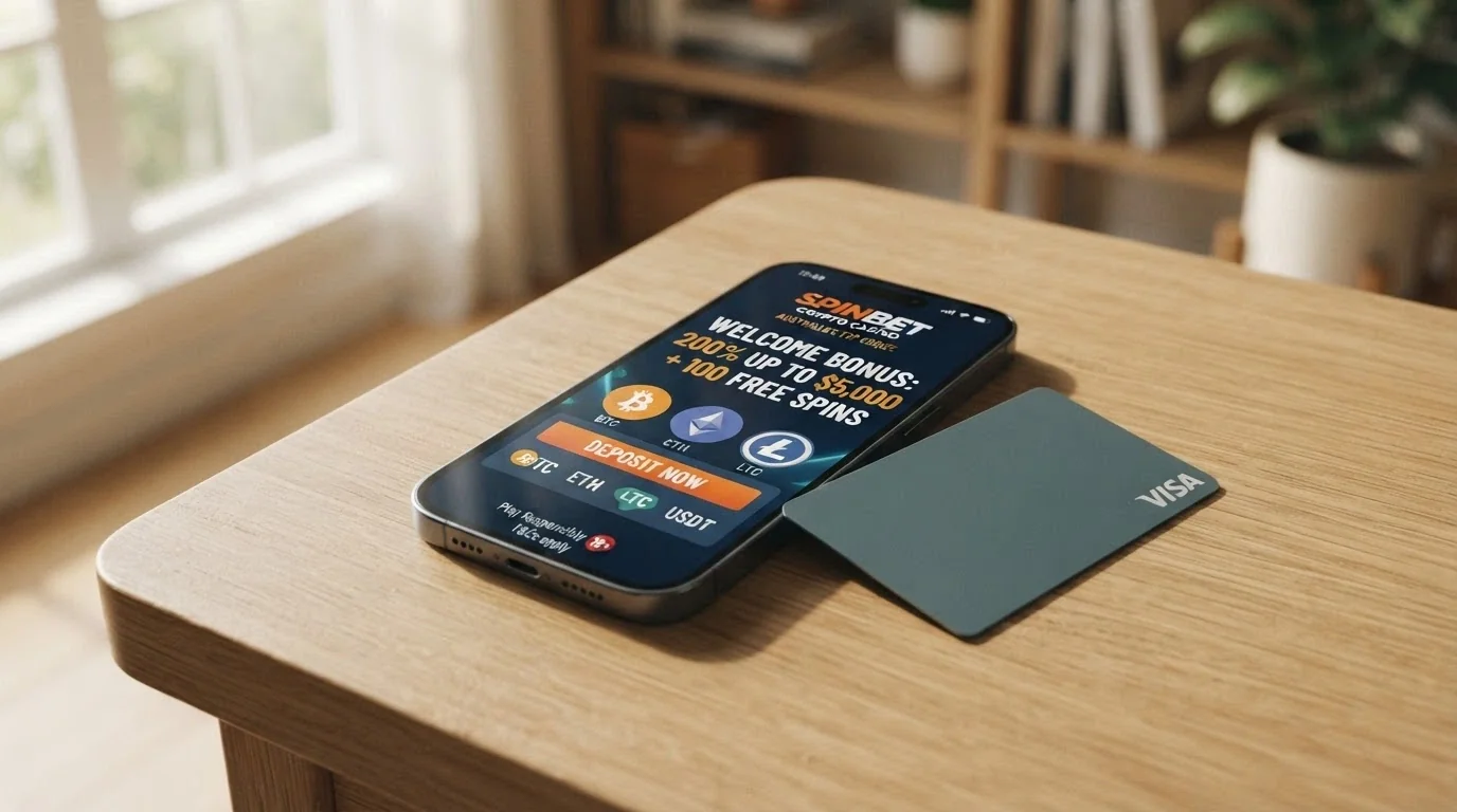 A smartphone showing a crypto casino welcome bonus page with Bitcoin and Ethereum deposit options, beside an Australian bank card