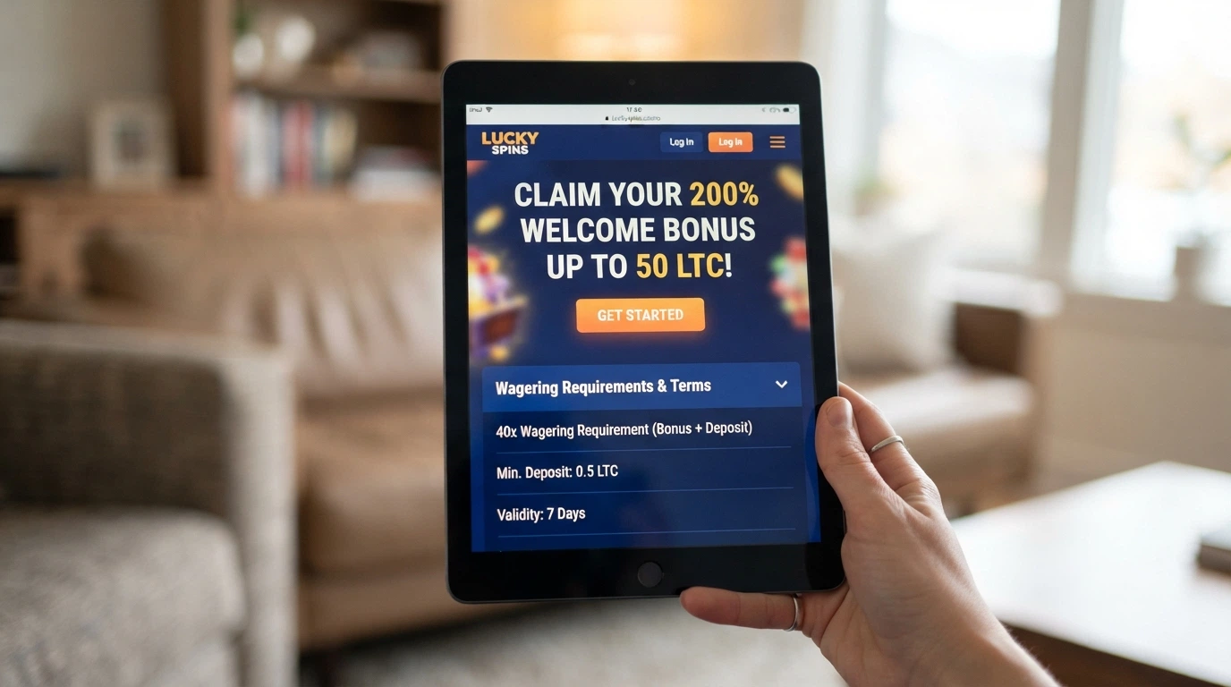 A casino promotions page showing a “100% up to 1 LTC” welcome offer with a collapsed wagering-requirement accordion below it.