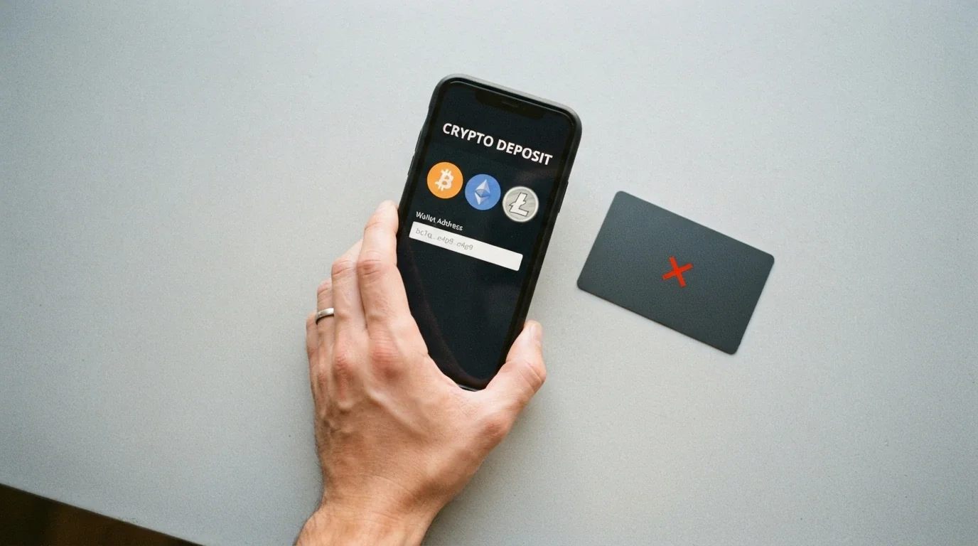 A smartphone screen showing a casino deposit page with BTC, ETH and USDT options, an Australian bank card crossed out beside it, and a wallet address field
