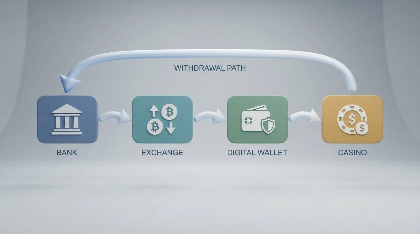 A flow diagram showing the path from an Australian bank to a crypto exchange to an offshore casino and back to a wallet