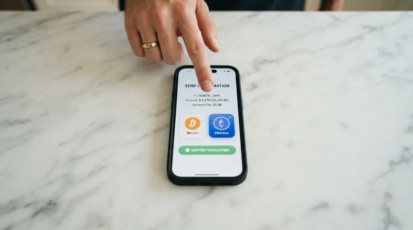 A smartphone showing a crypto wallet send-confirmation screen with Bitcoin and Ethereum options, next to a casino deposit interface