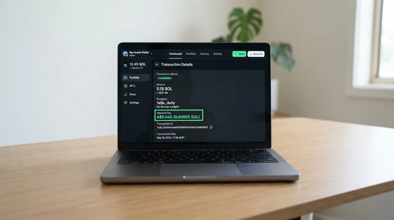 A laptop screen displaying a cryptocurrency wallet interface with a Litecoin transaction fee of under five cents highlighted