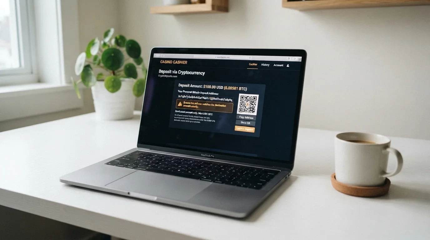 A cryptocurrency wallet address beside a casino deposit screen with Bitcoin and altcoin logos, overlaid with an Australian regulatory warning symbol