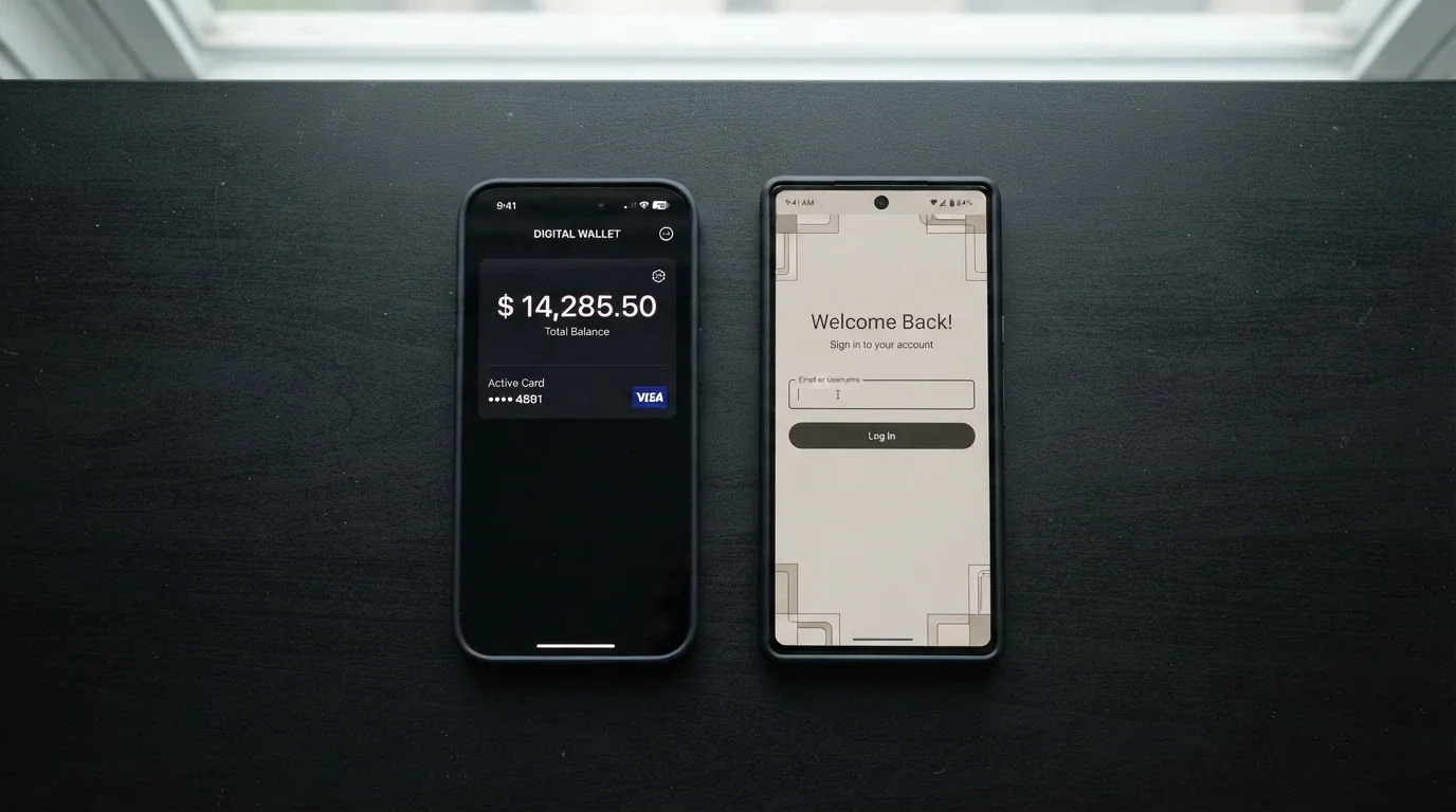 A smartphone screen displaying a cryptocurrency wallet balance beside a casino login screen, both in sharp focus against a dark background