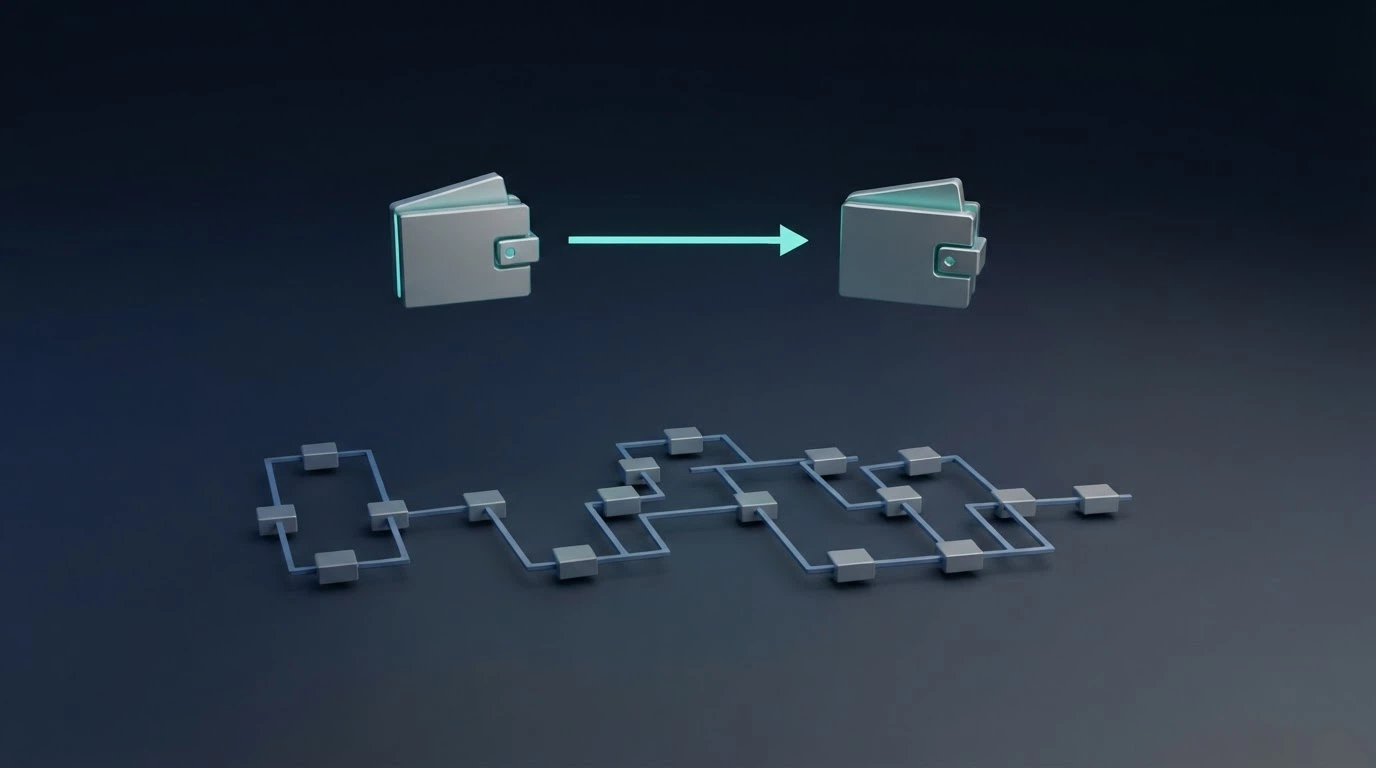 A simplified diagram showing the crypto withdrawal path — casino wallet to player wallet in one step, versus the bank-transfer chain of intermediary stops