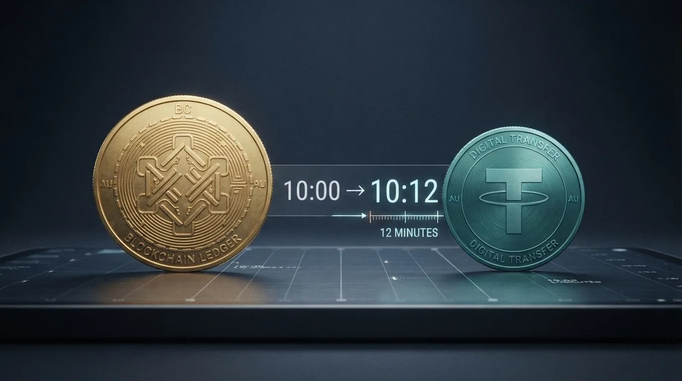 A Bitcoin coin and a USDT token on a digital ledger, with a time stamp of 10:00 → 10:12 showing the elapsed confirmation