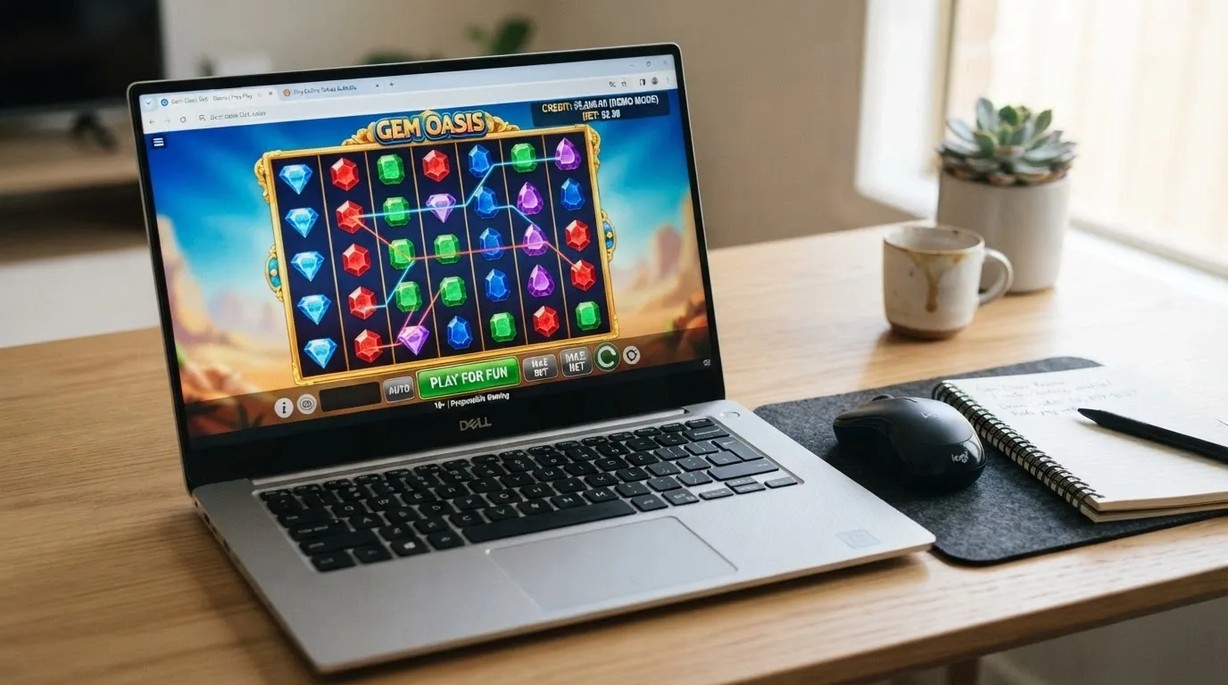 A browser window showing a 7-reel slot game in demo mode with a virtual-credit balance