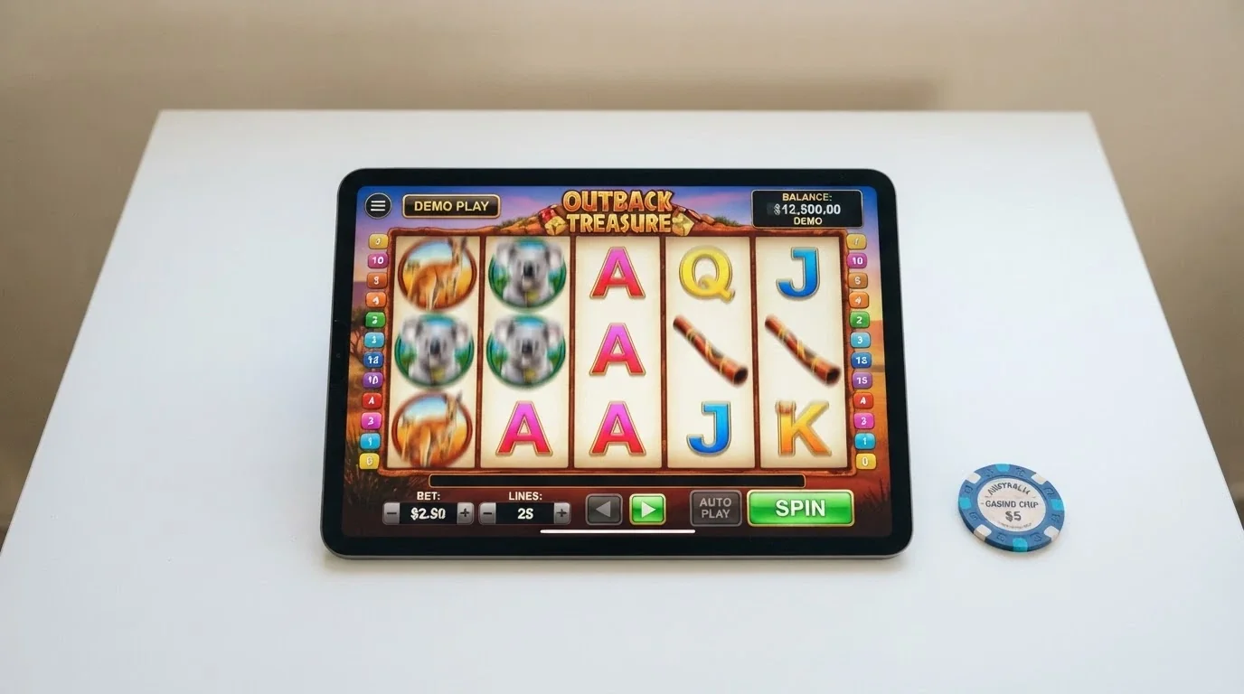 A slot game in demo mode with a play-money balance shown