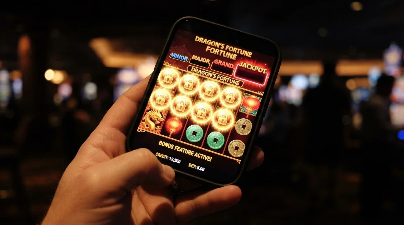 A smartphone displaying a Dragon Link pokies game with the Hold & Spin feature active — orb symbols locked in place and the four jackpot tiers (Mini, Minor, Major, Grand) visible above the reels