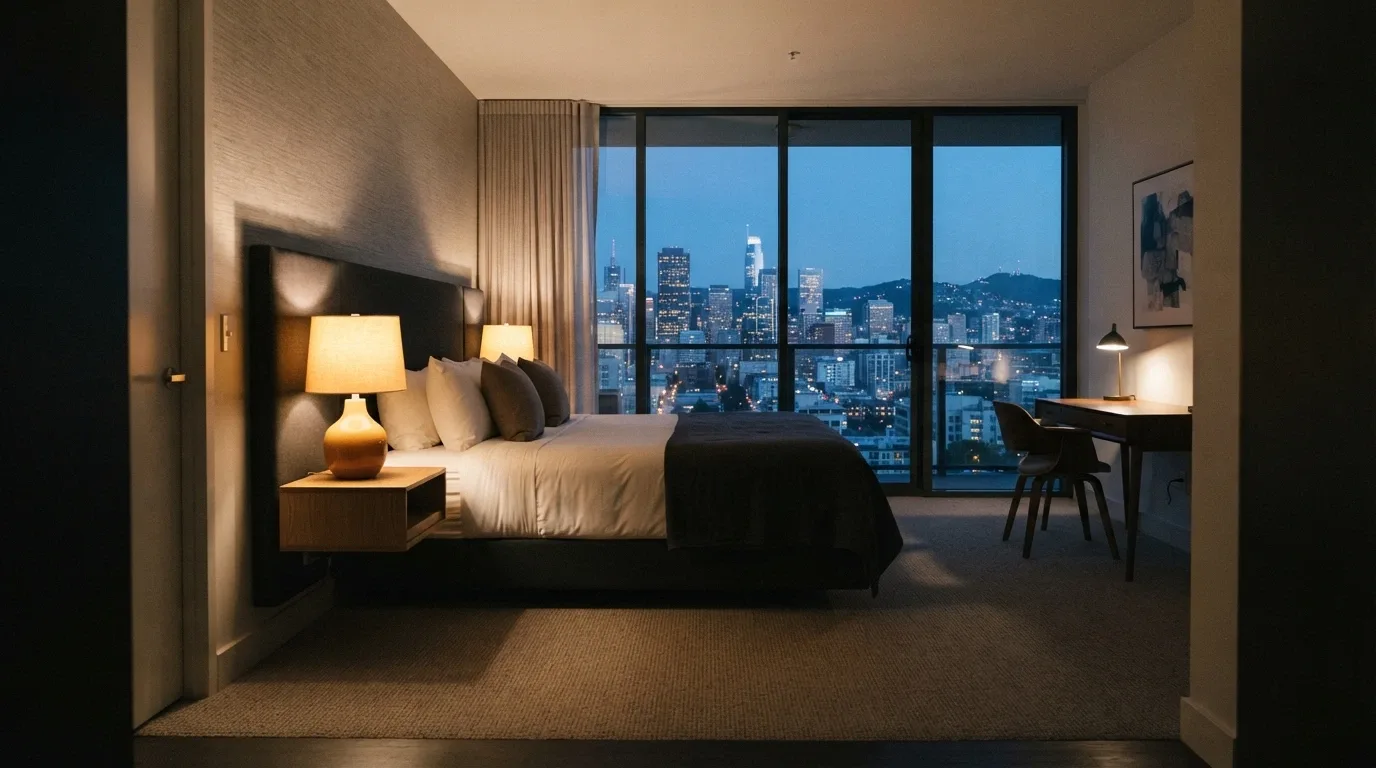 Hotel room interior at EOS by SkyCity showing the boutique fit-out, bed and city view through window