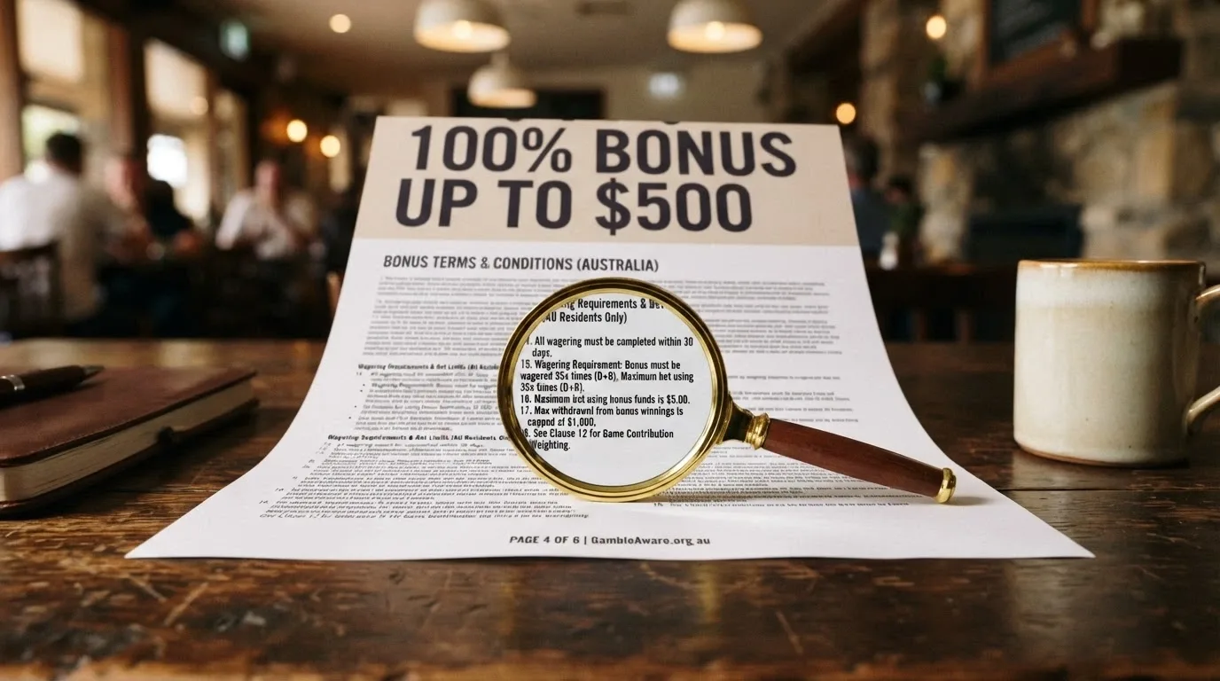 A magnifying glass held over the terms-and-conditions section of a casino bonus offer