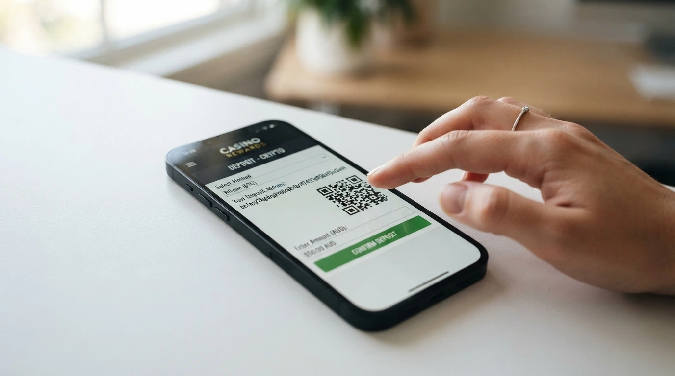 A close-up of a casino deposit screen showing an Ethereum wallet address and QR code beside a deposit-amount field