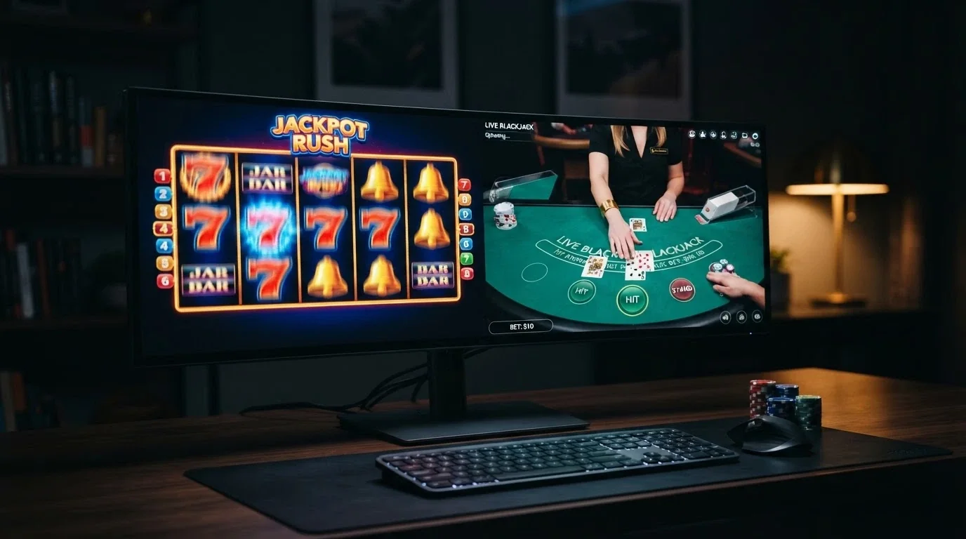 A screen showing colourful slot reels on one side and a live-dealer blackjack table on the other