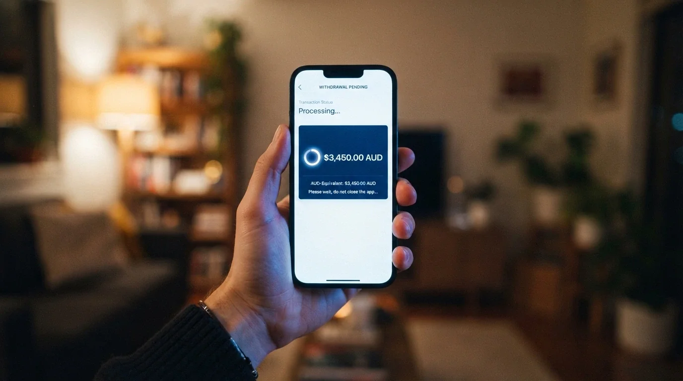 A smartphone displaying a pending cryptocurrency withdrawal with a processing-status indicator