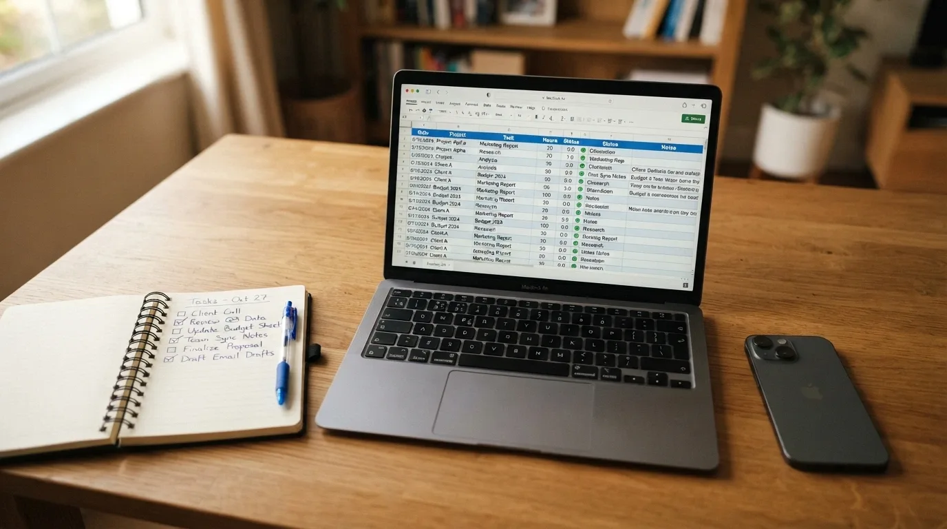 A desk with a checklist, a laptop showing a casino comparison table, and a notebook with handwritten criteria