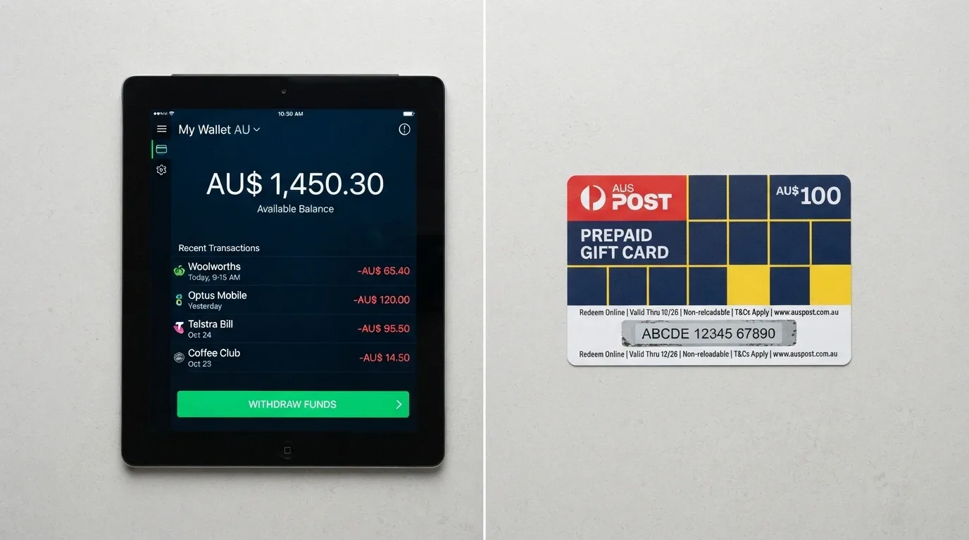 A split view of an e-wallet dashboard (Skrill/Neteller interface) on one side and a Neosurf voucher with its scratch-off code on the other