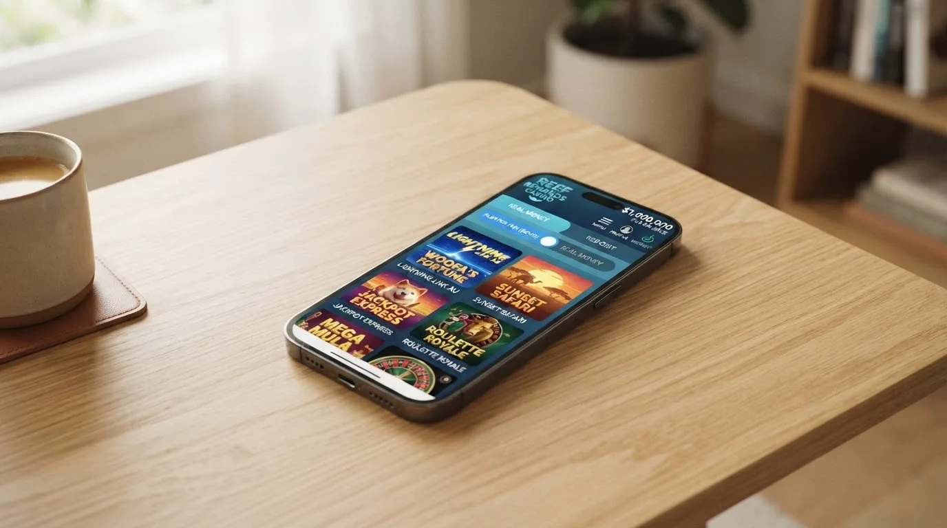 An Android phone displaying a casino's demo-mode pokies lobby with a “Play for Fun” or “Demo” toggle highlighted and play-money balance shown