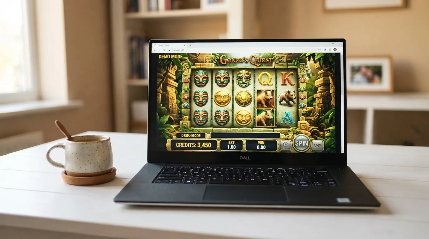 A laptop browser showing a demo-mode pokie with play-money credits visible and no registration form on screen