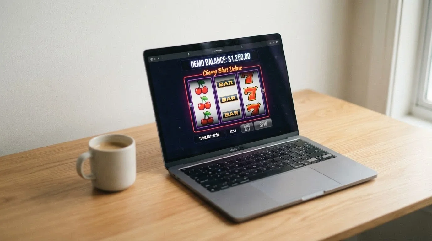 A browser window showing a 3-reel pokie in demo mode with a play-money balance displayed