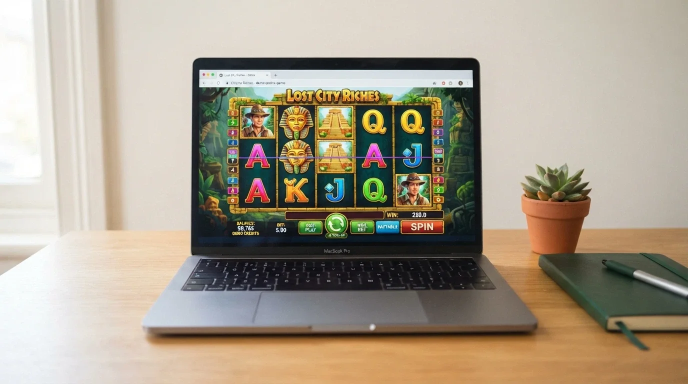 A browser window showing a 5-reel pokie in demo mode with a play-money balance counter visible in the corner