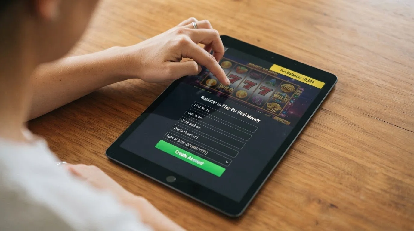 iPad screen displaying a pokie in demo mode with a “Fun Balance” counter and registration prompt overlay