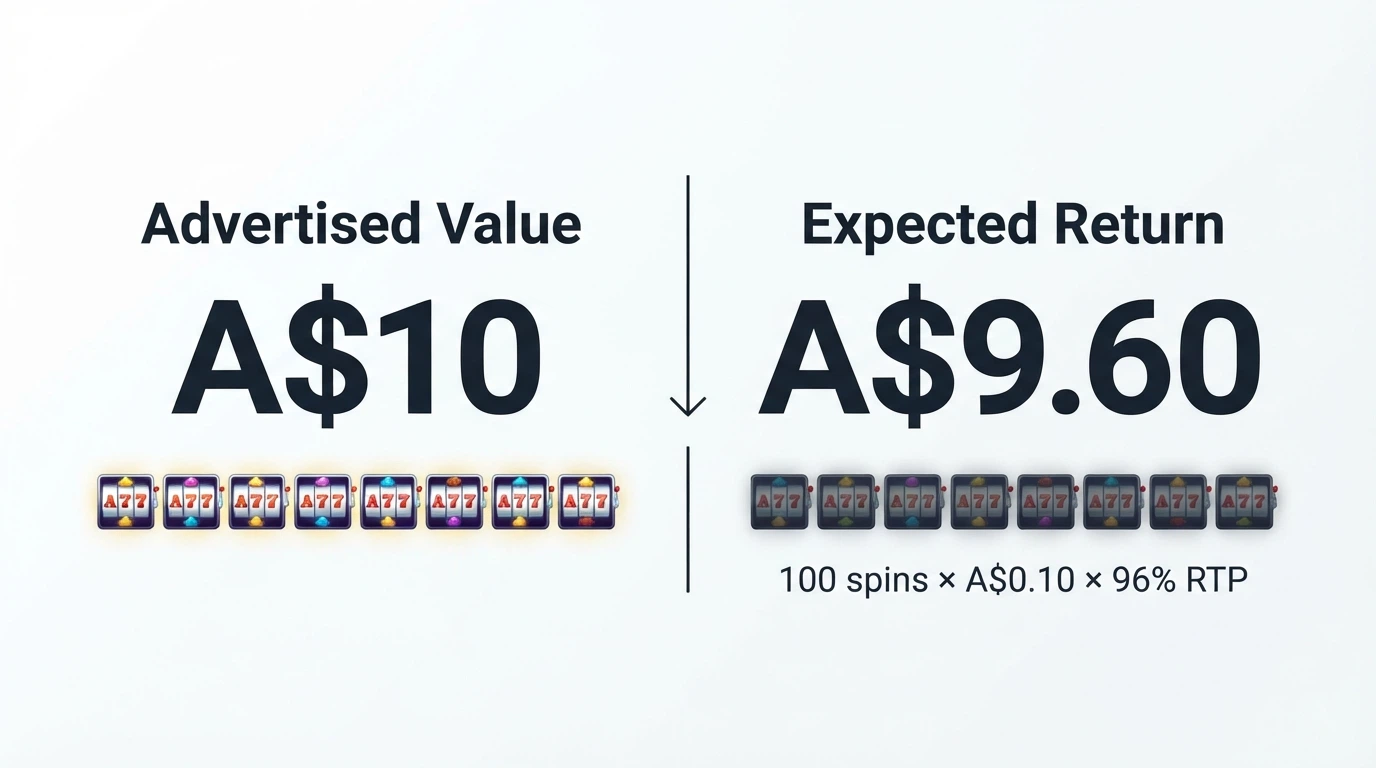 A side-by-side comparison of advertised free spin value against real expected return — 100 spins at A$0.10 with 96% RTP returning A$9.60, not A$10