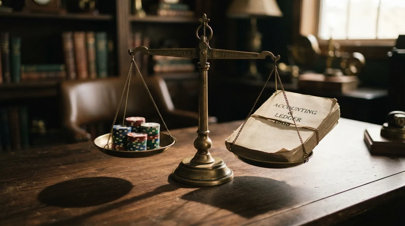 A set of balance scales with a stack of free-spin tokens on the left pan and a thick terms-and-conditions booklet on the right, the right pan heavier