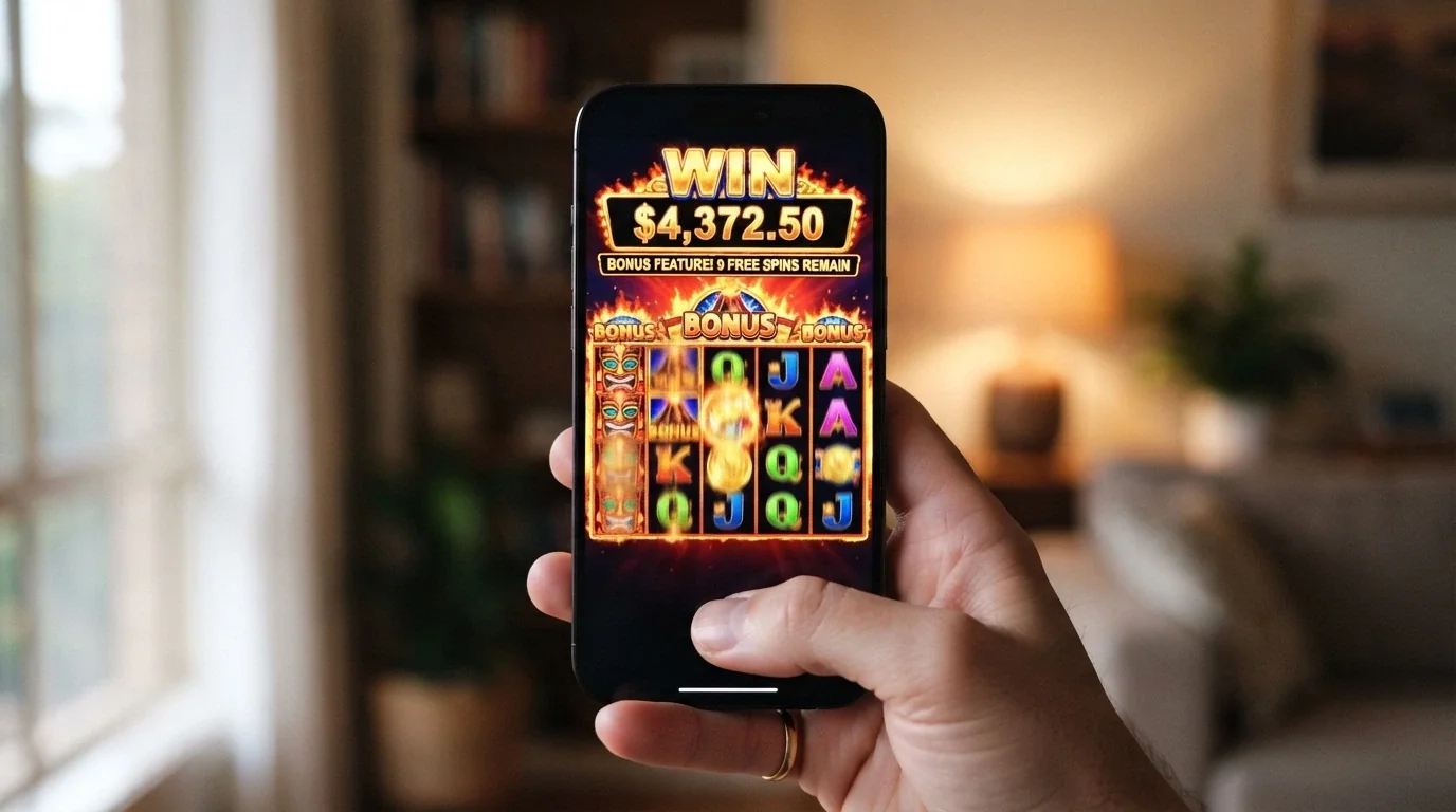 A smartphone screen displaying a pokies free-spins bonus round in progress with win counters visible