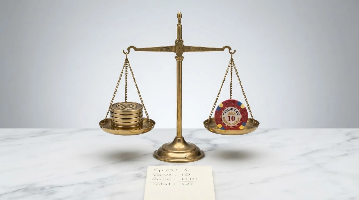 A visual scale balancing a stack of free-spin tokens on one side against a pile of casino chips on the other, with a calculator between them